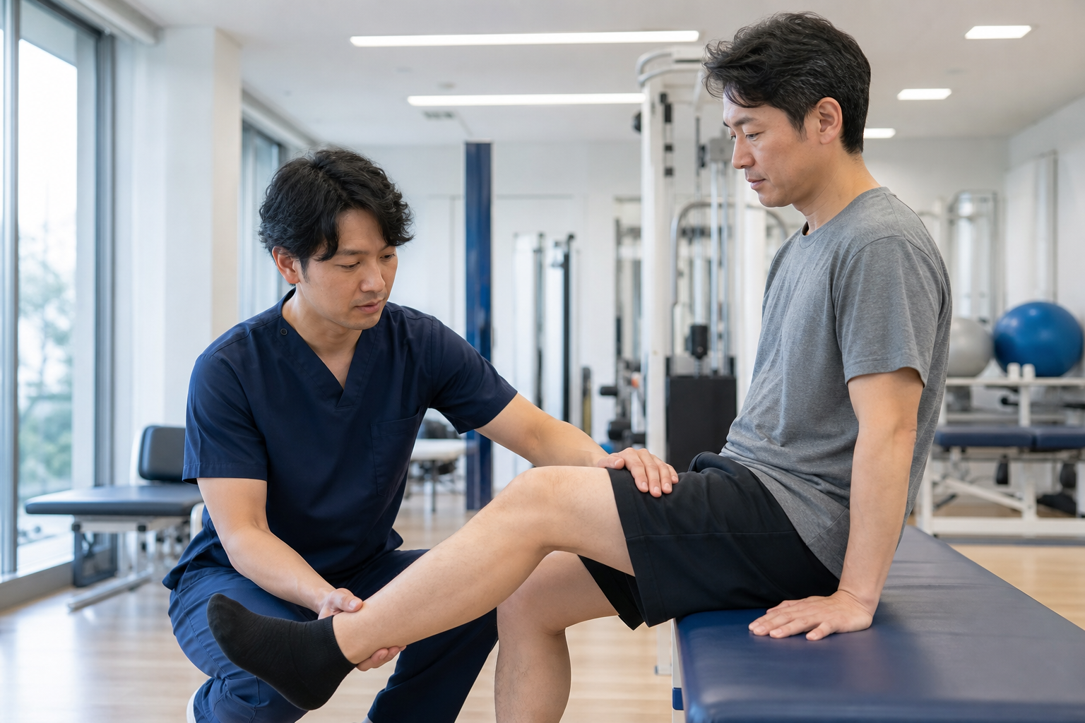 柔道整復師が整形外科でリハビリを補助する様子