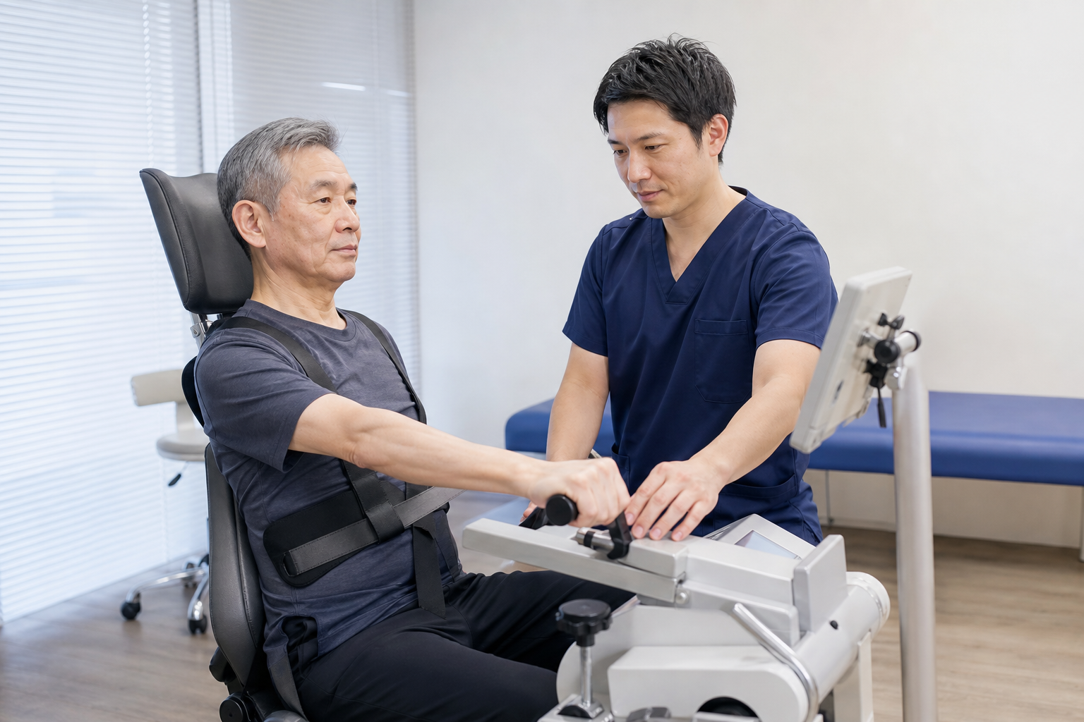 柔道整復師が整形外科で物理療法を補助する様子