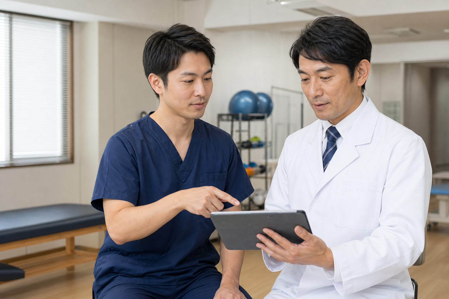 柔道整復師が医師とリハビリ計画を確認する様子