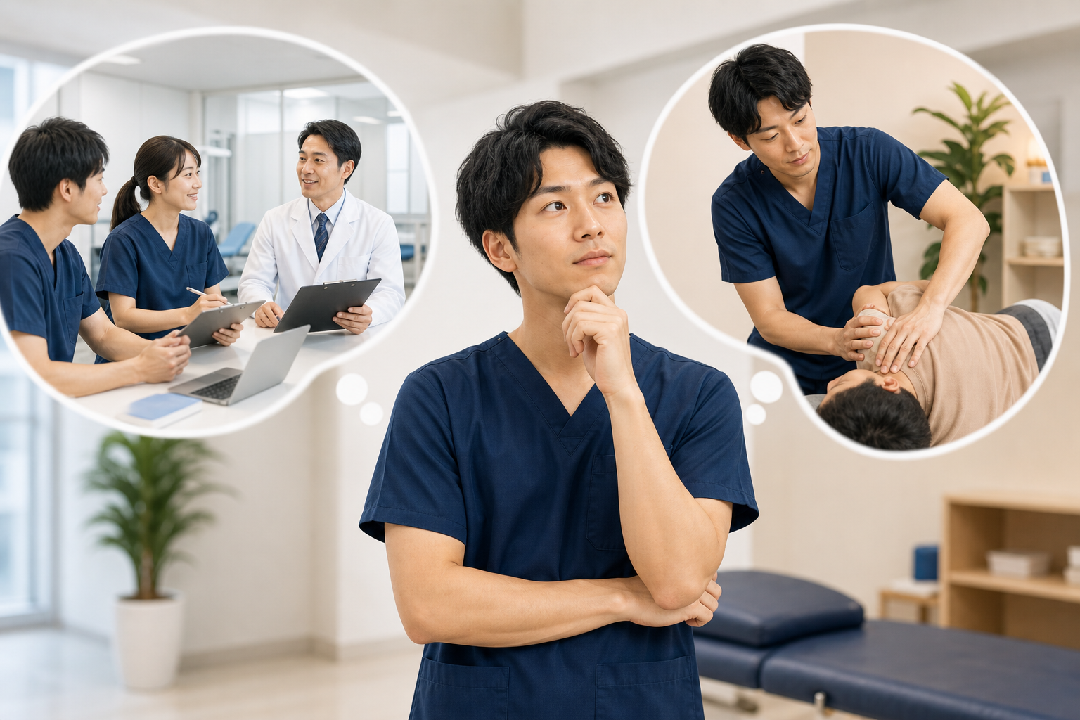 柔道整復師が整形外科と自費整体を比較する様子