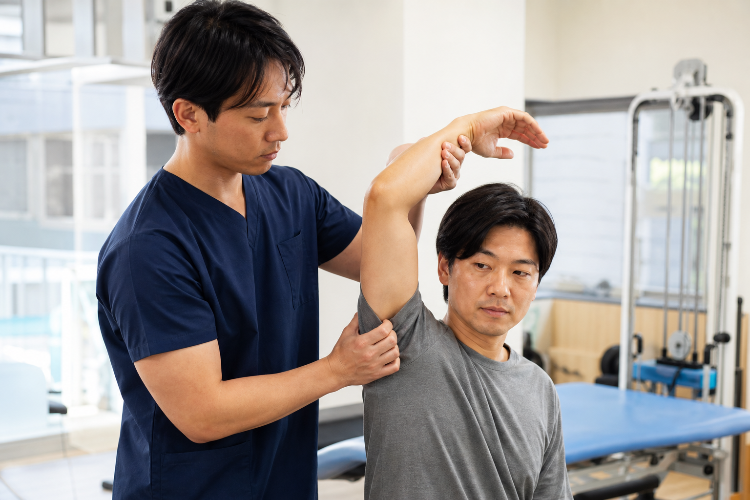 柔道整復師が整形外科で肩のリハビリを補助する様子