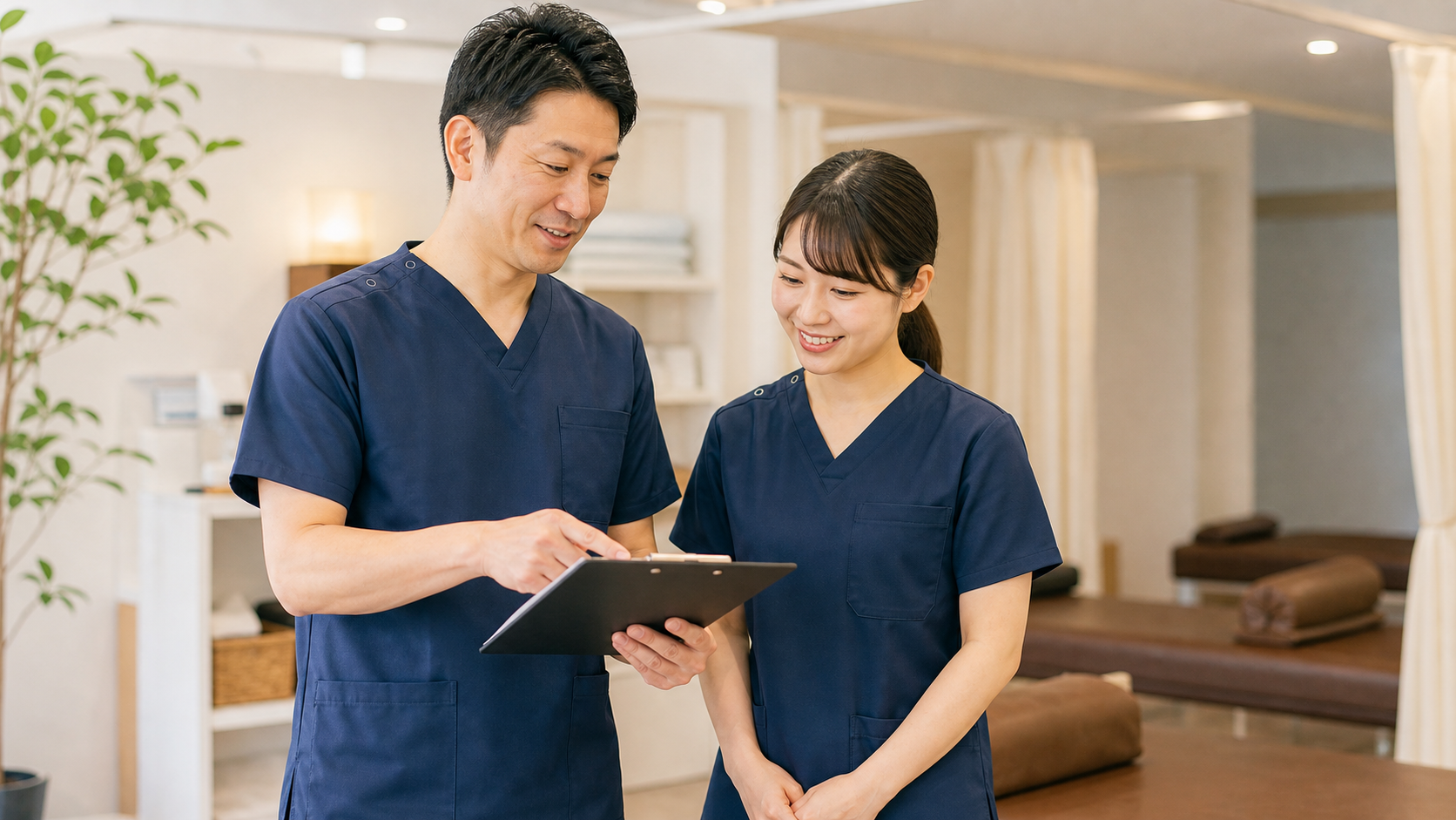 未経験者へ整体院の仕事を説明する先輩スタッフ
