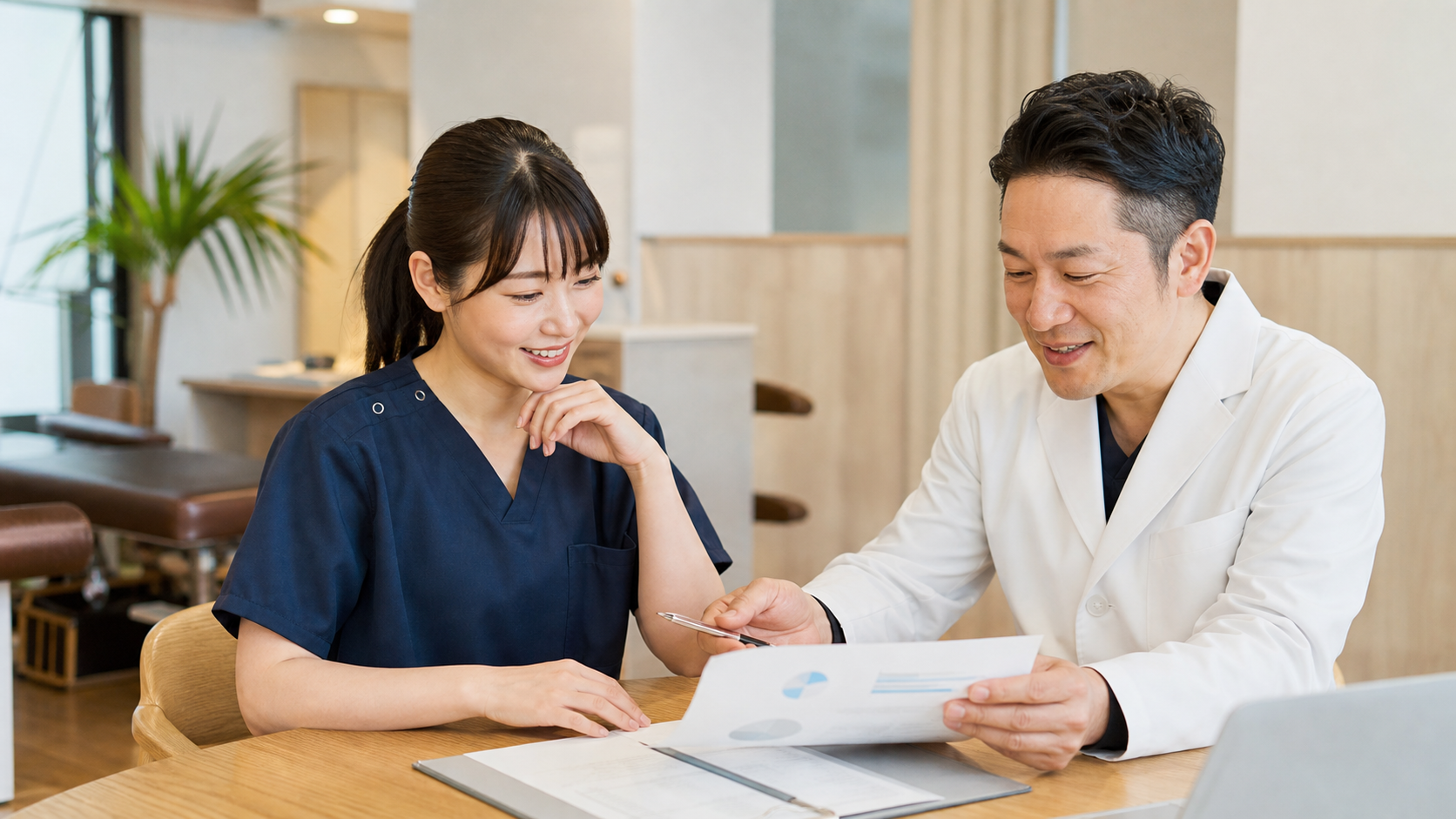 整体師バイトの給与と勤務条件を確認するスタッフ