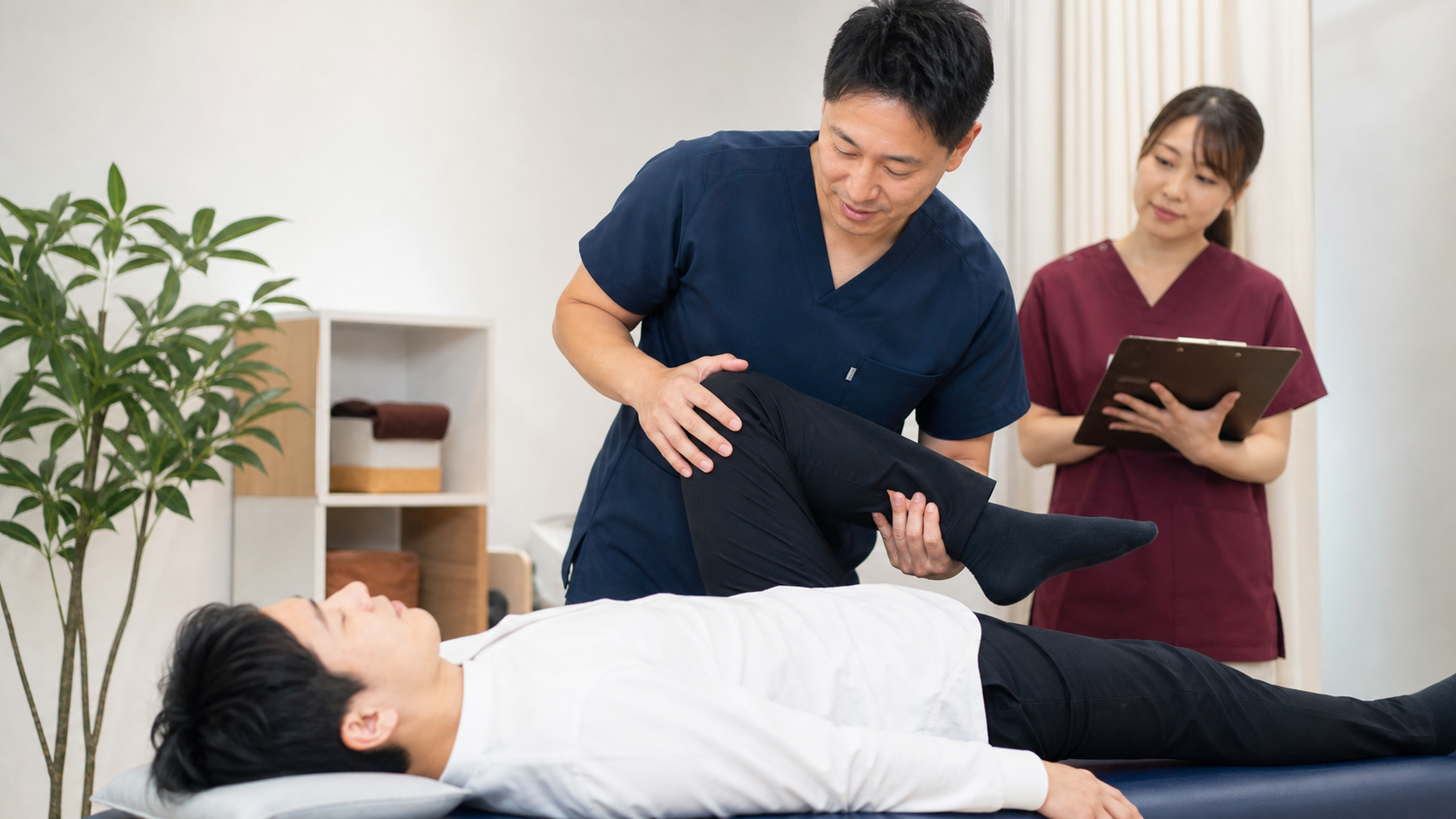 先輩から一対一で施術技術を学ぶ新人スタッフ