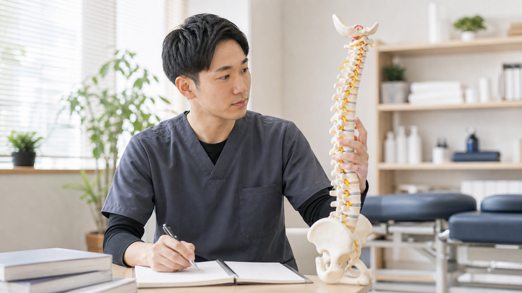 整体師がバイトから正社員へステップアップするために学ぶ様子
