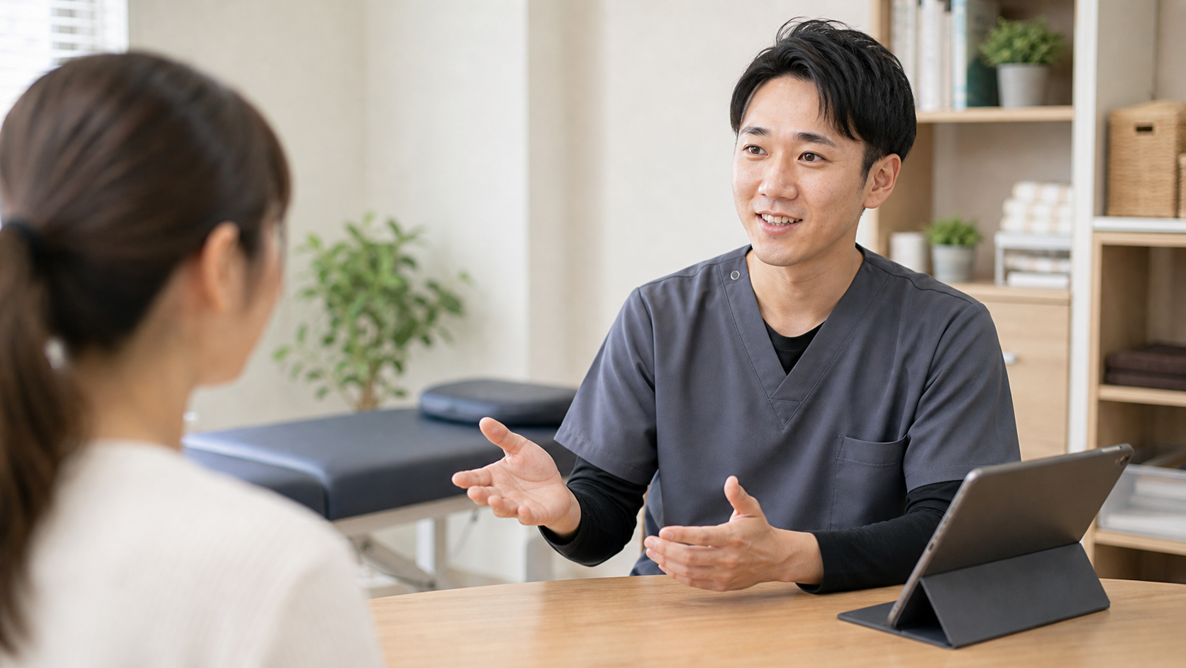 整体師バイトについて相談に答える施術者の様子