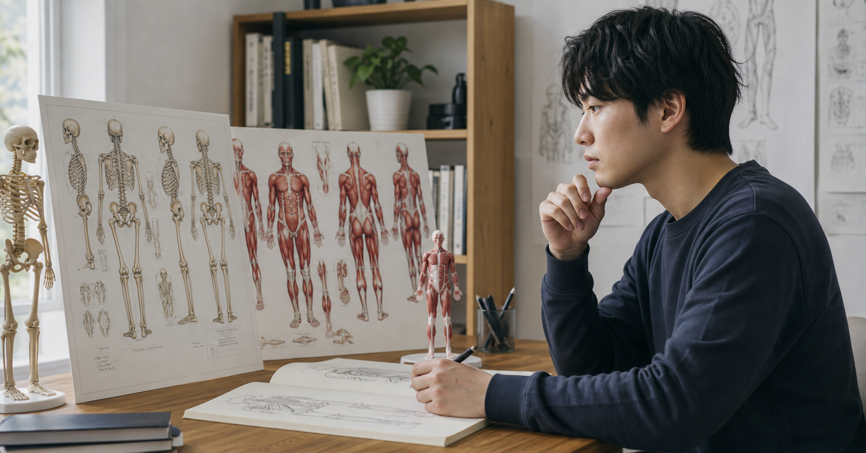 解剖学を骨格と筋肉図で学ぶ様子