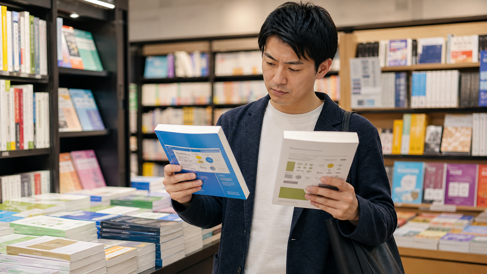 市販の解説付き問題集を比較する様子