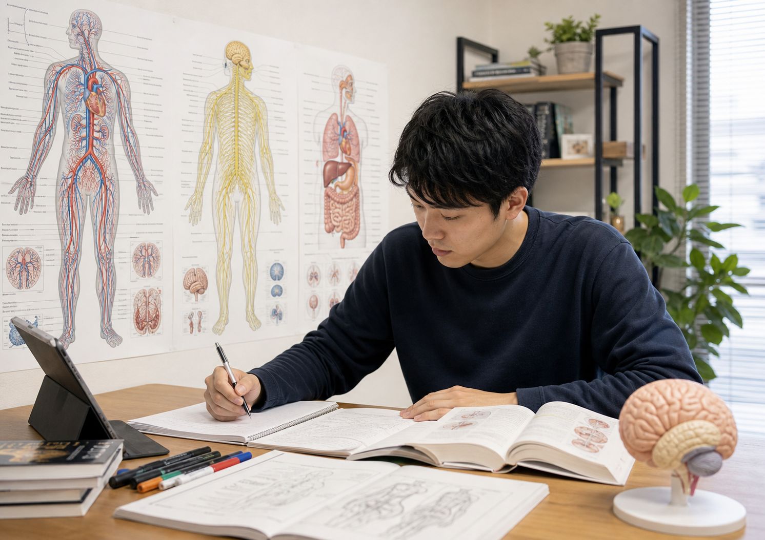 生理学を循環や神経の図で学ぶ様子
