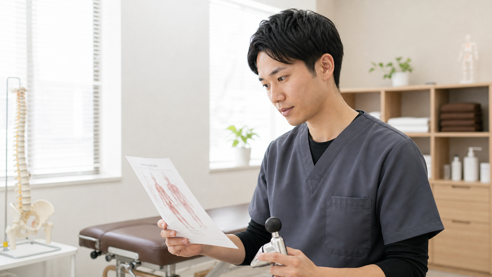 整体師が資料を確認しながら実技の重要性を学ぶ様子