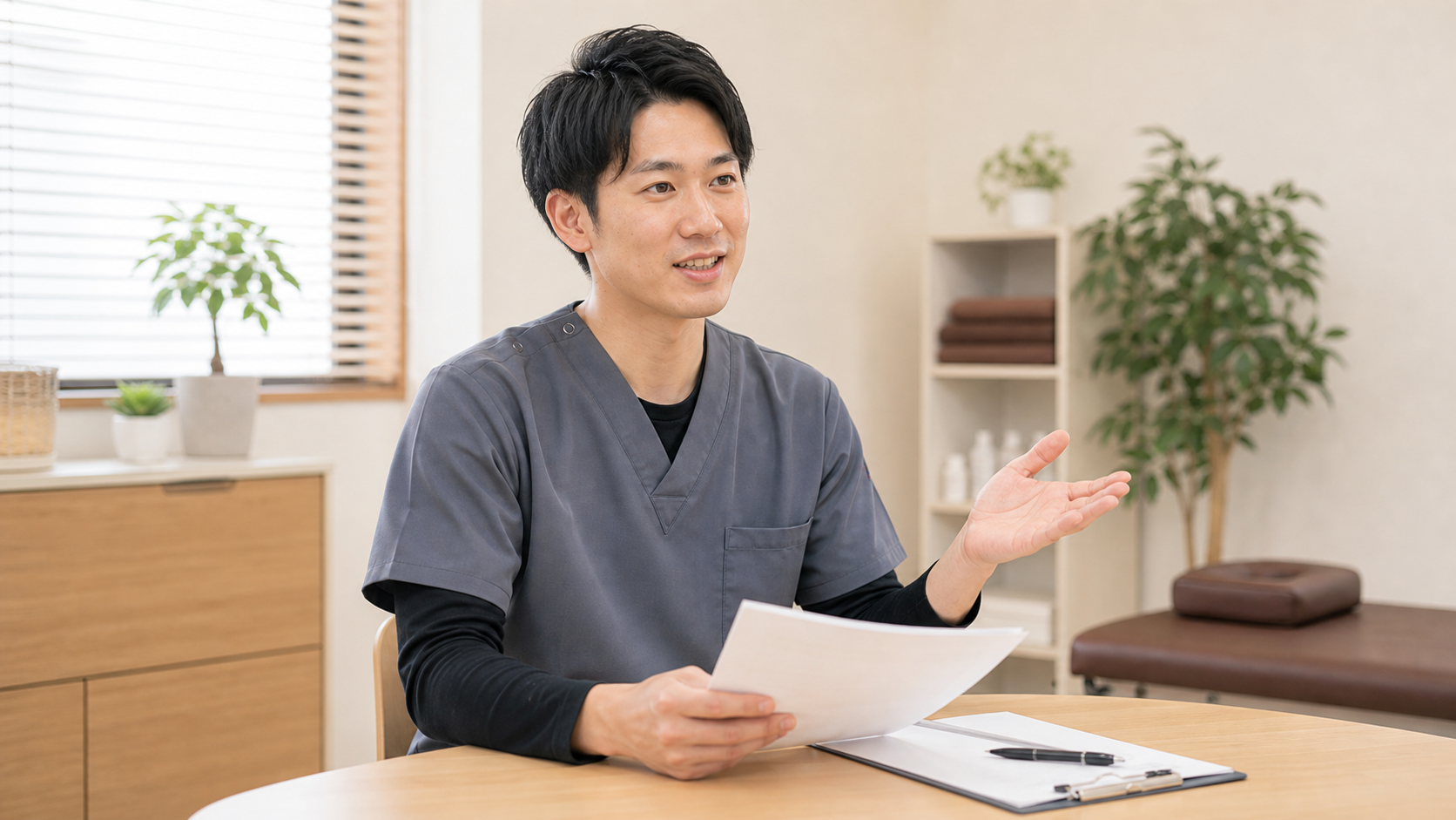 整体師が資格と収入について相談する様子