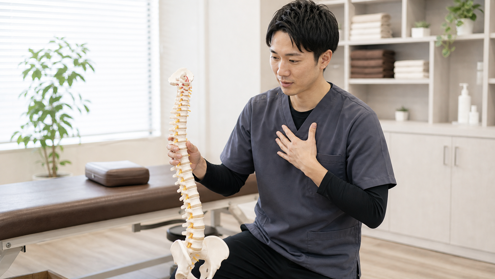 整体師が骨格模型を使って技術を確認する様子