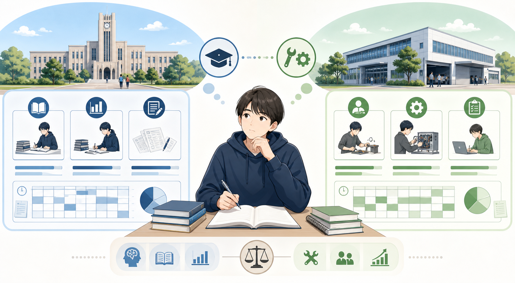 大学と専門学校の合格率傾向を比較する図解
