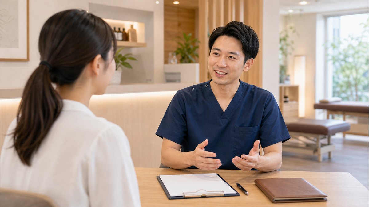 整体師求人についてよくある質問を相談する面談風景