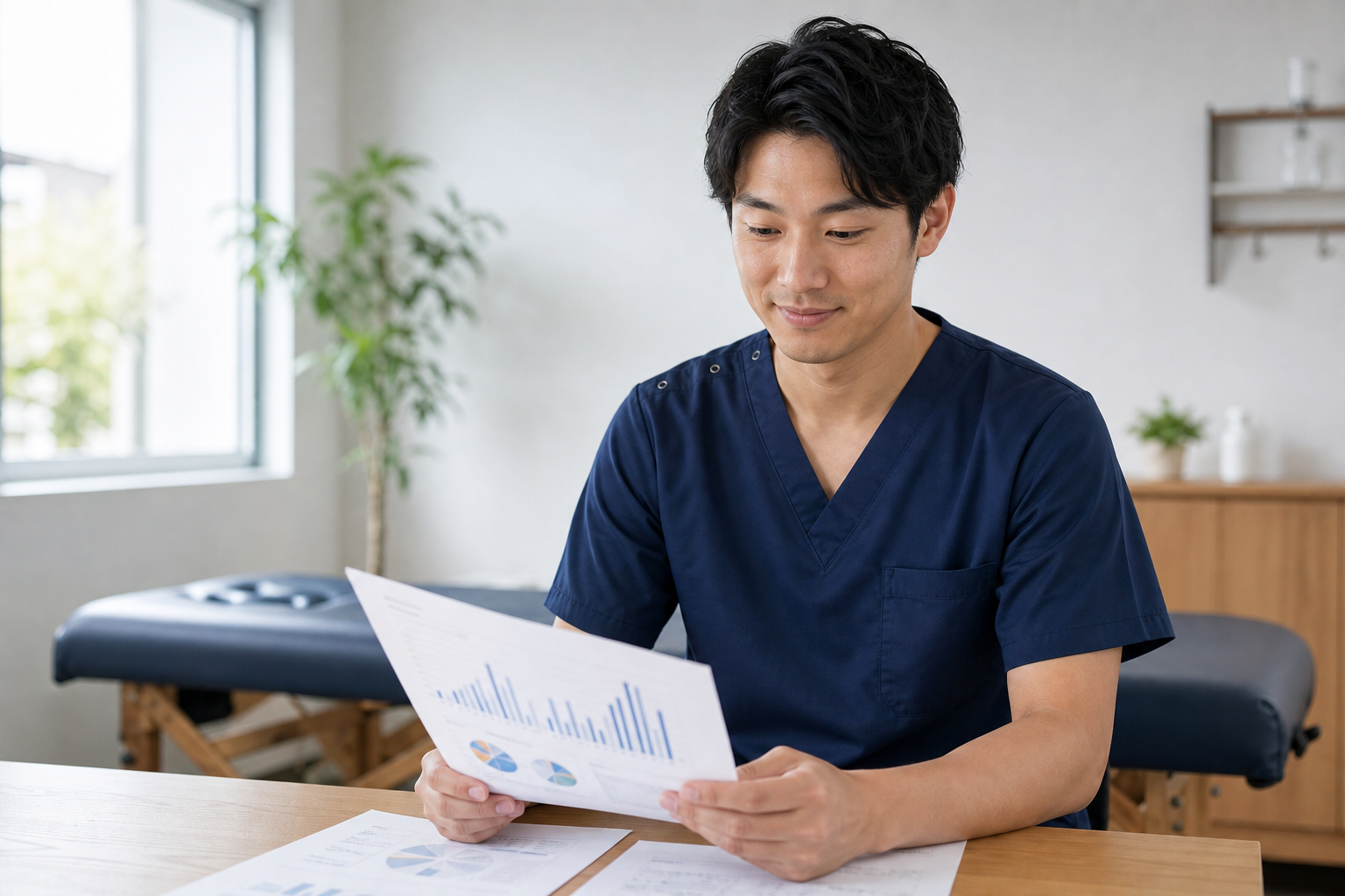 スクラブ姿の柔道整復師が求人を探す様子