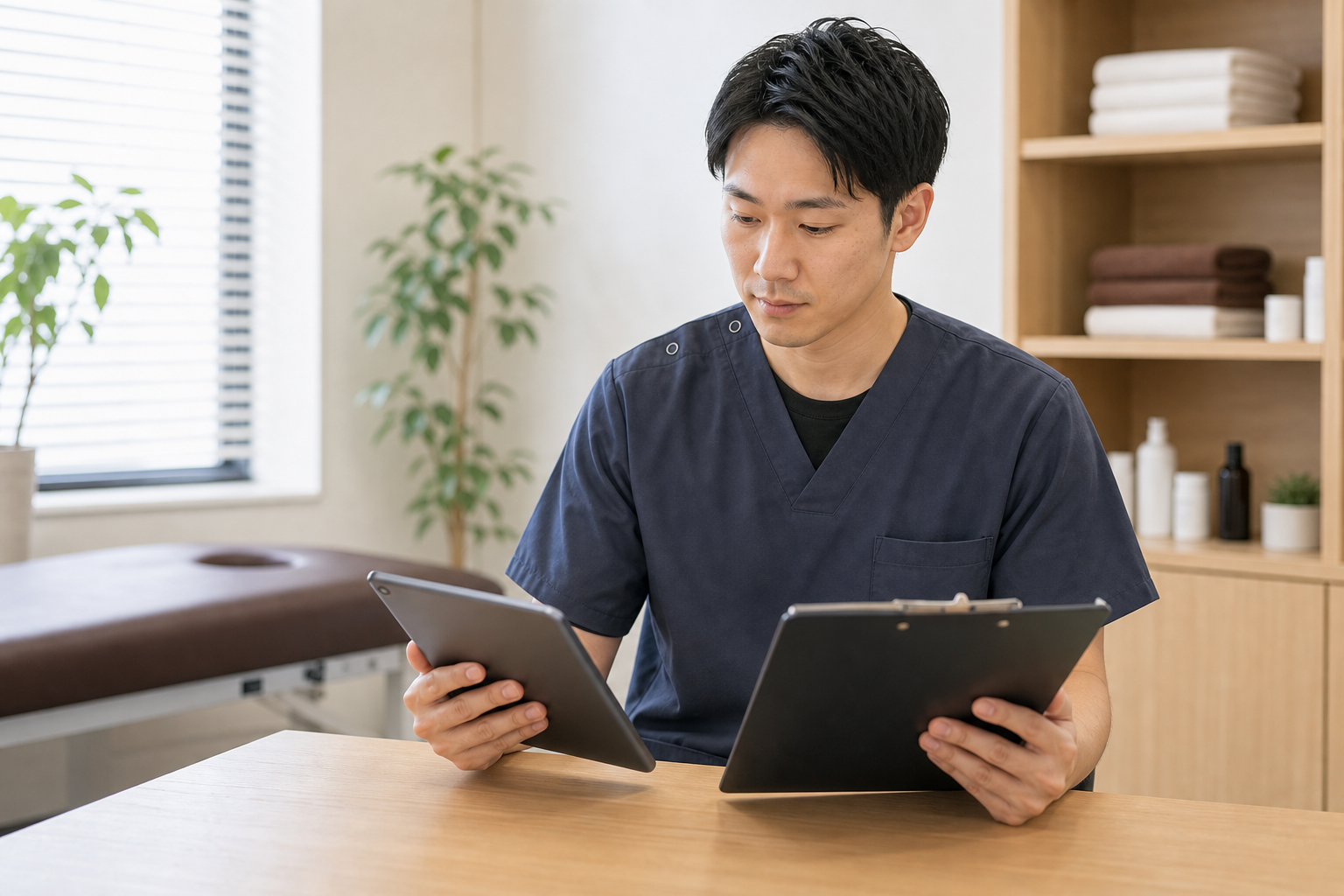 整体師が給与体系の資料を確認する様子