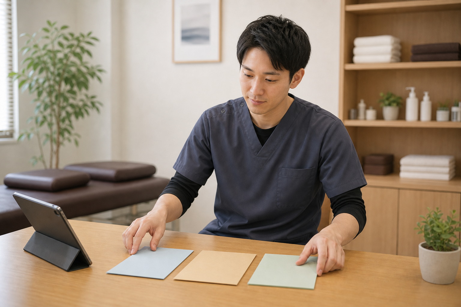 整体師が給与体系の種類を整理する様子
