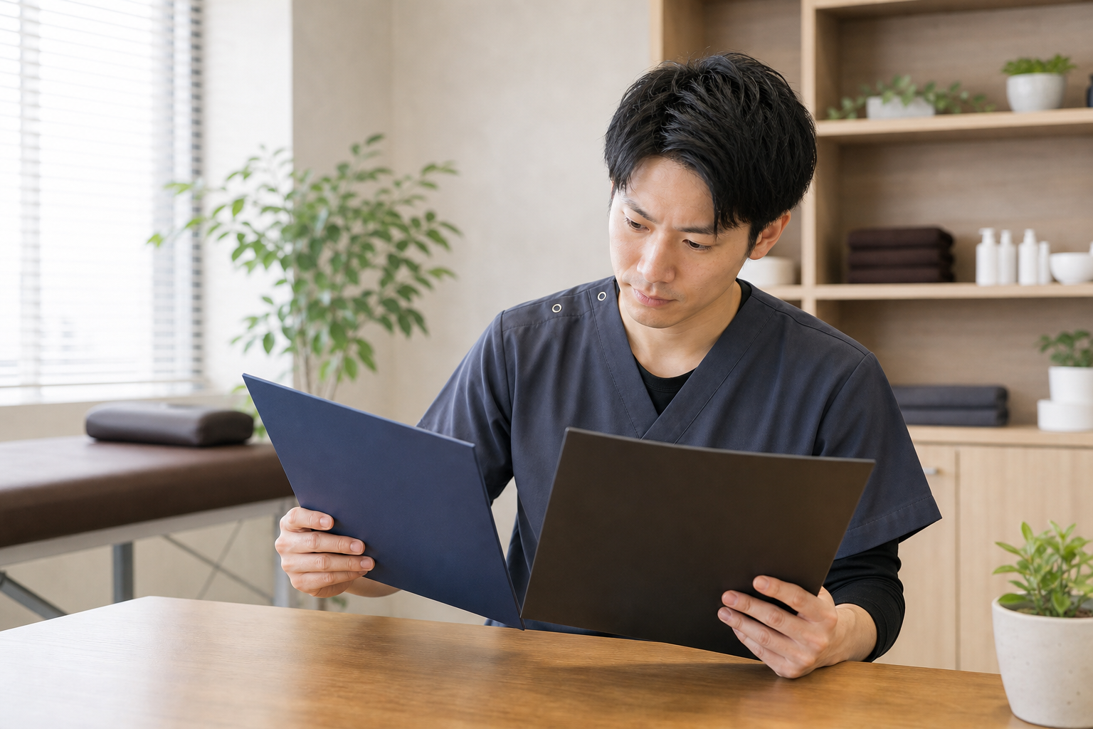 整体師が初任給だけで判断しないよう求人資料を比較する様子