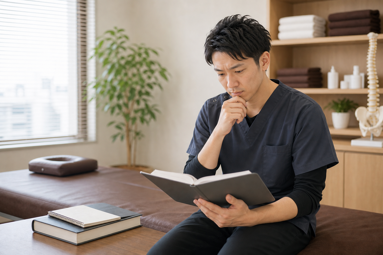 整体師が給料が上がりにくい理由を考える様子