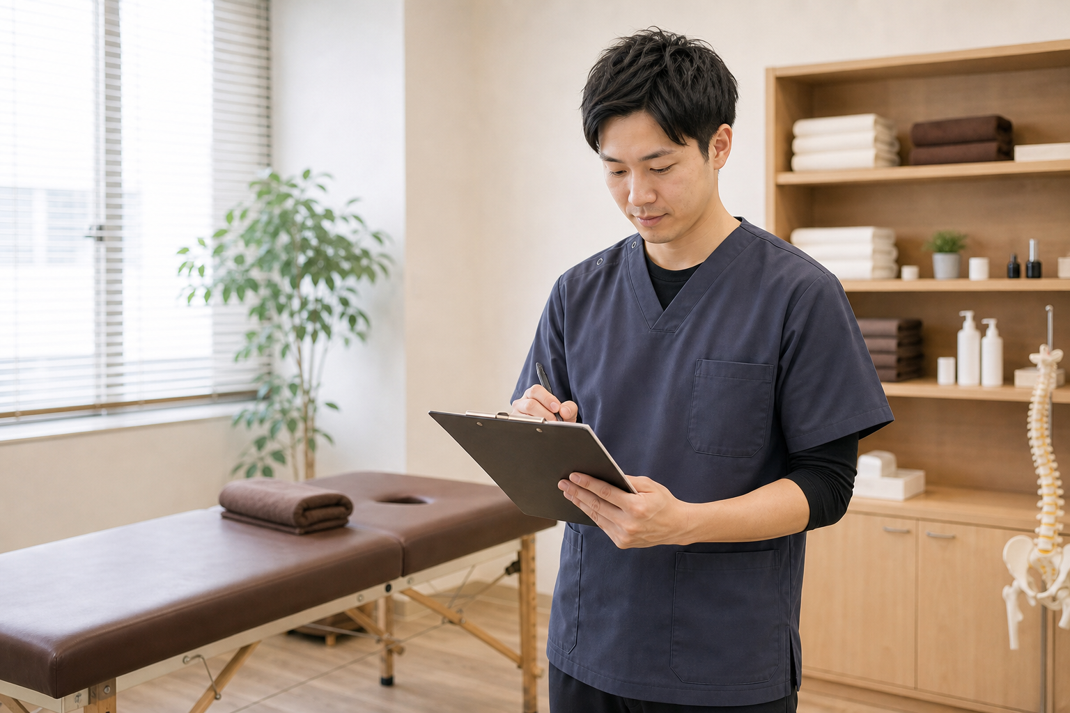 整体師が職場選びのチェック項目を確認する様子