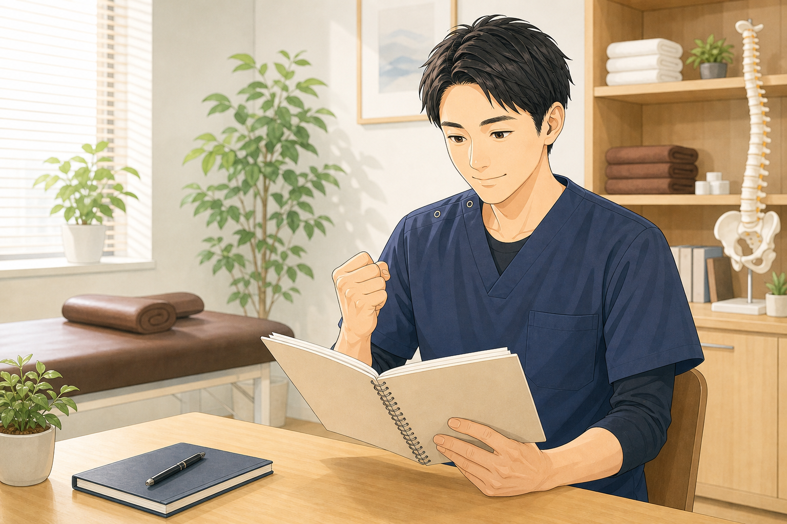 CUREPROで評価制度を確認する施術者のイラスト