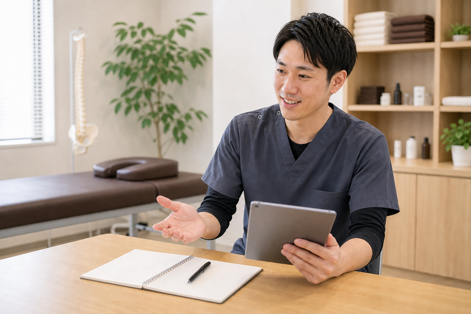 整体師が給料に関する質問を確認する様子