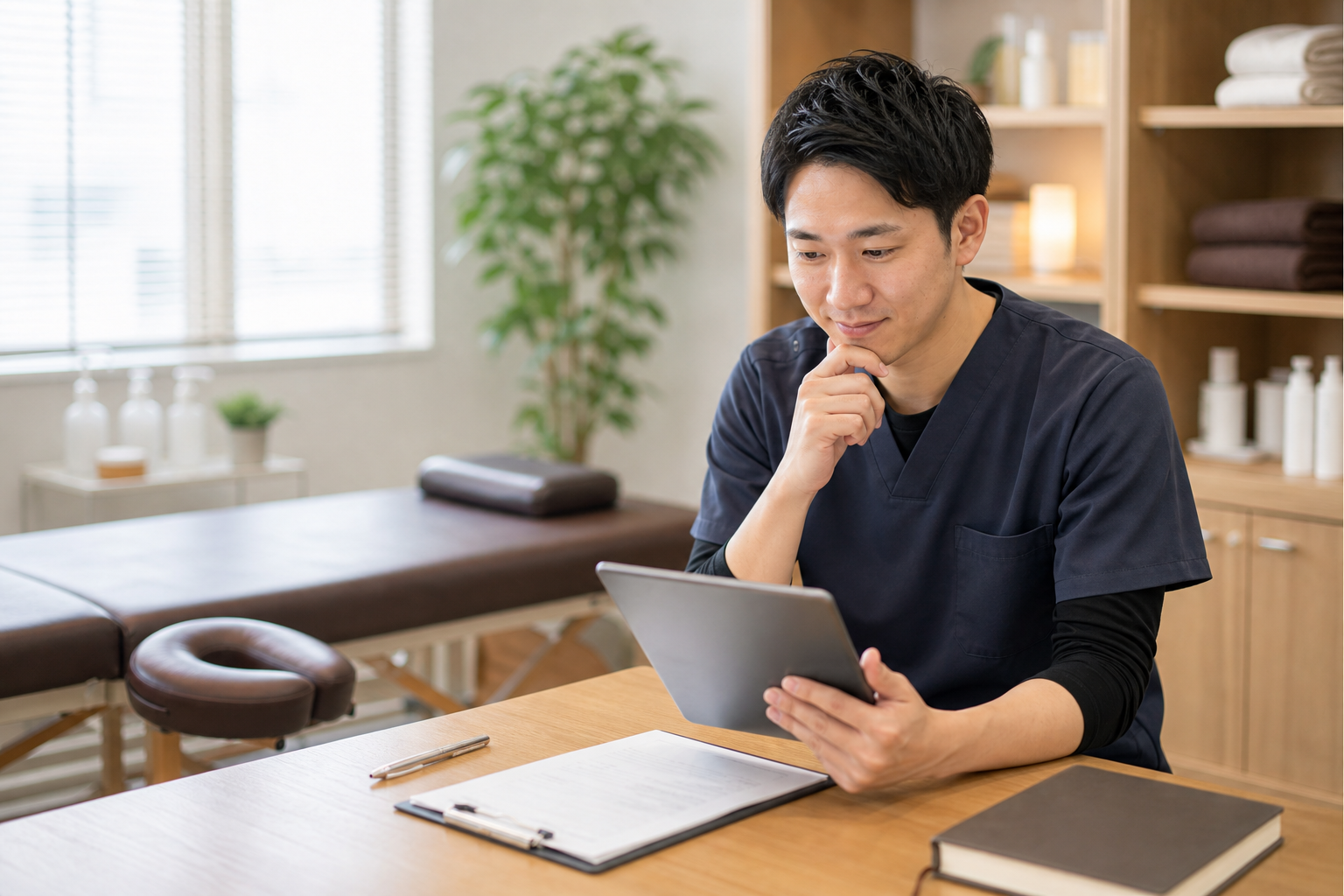 整体師が給料やキャリア資料を確認する様子