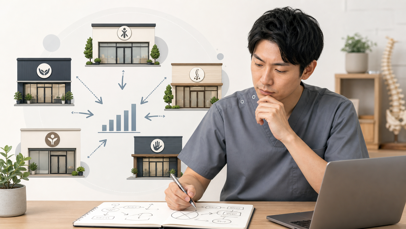 スクラブ姿の柔道整復師が研修とキャリア支援を受けるイラスト