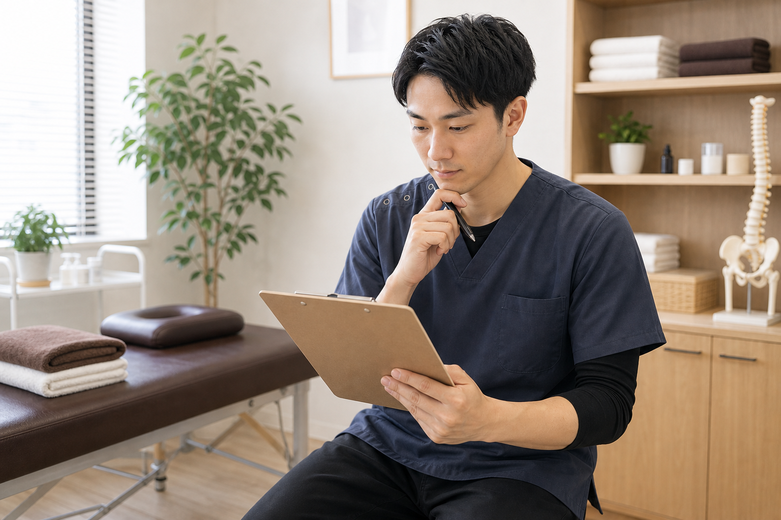 整体師を目指す人が学校に行くべきか判断材料を確認する様子