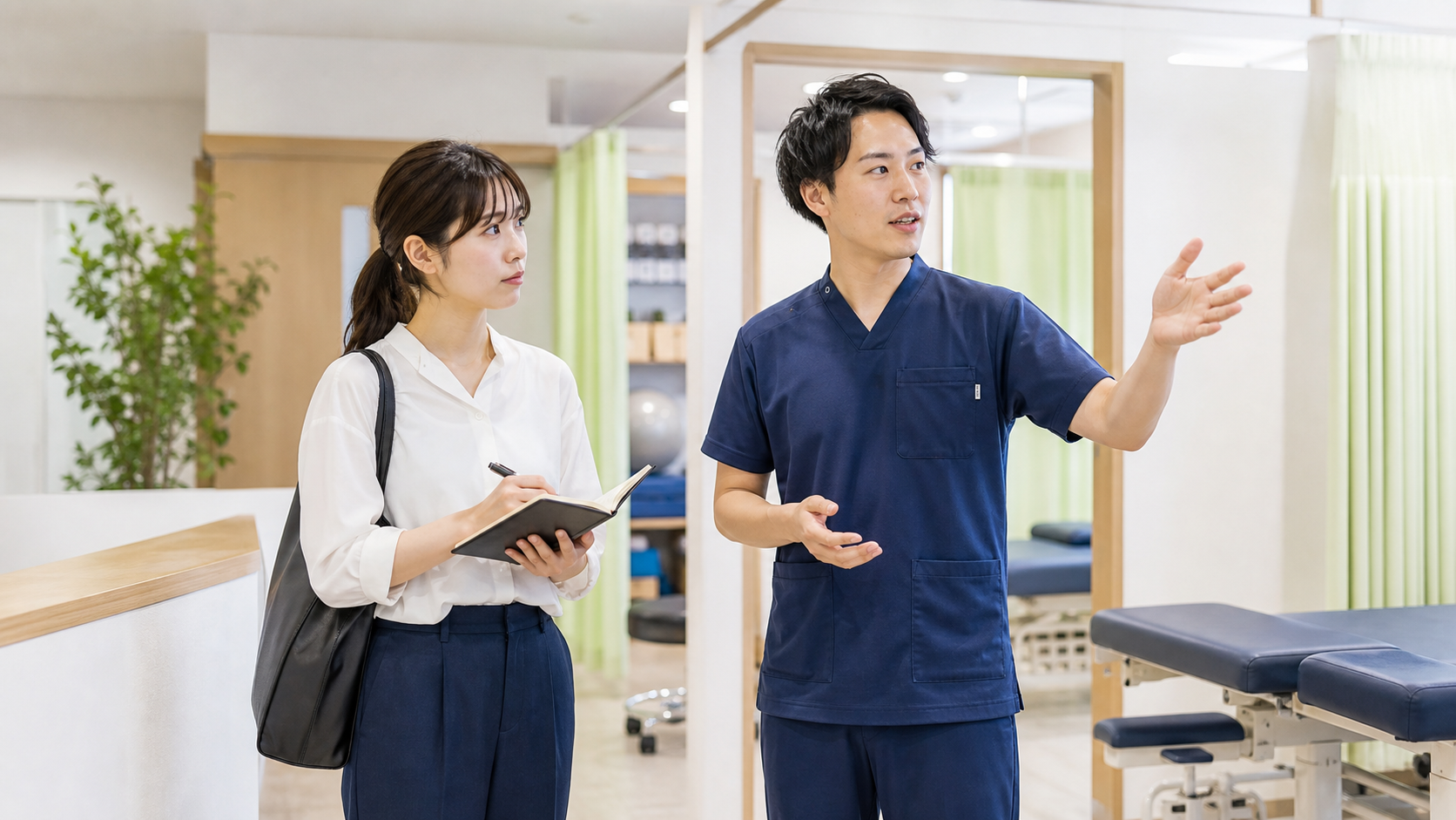 整骨院の職場見学で院内の説明を受ける求職者