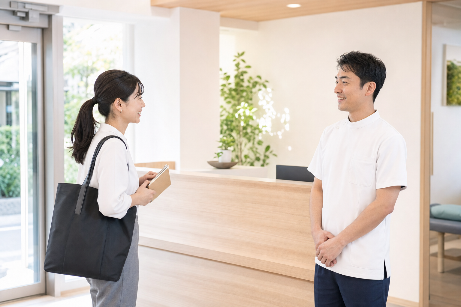 整骨院の職場見学で受付担当者と話す求職者