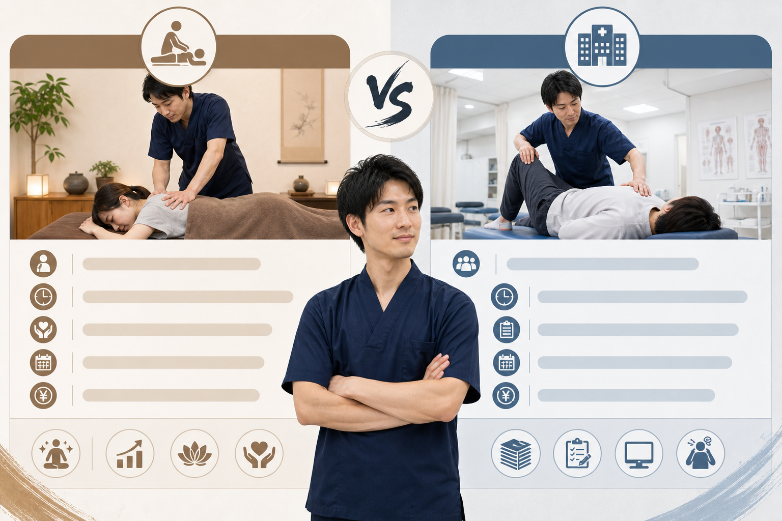 保険施術と自費施術の働き方を比較する施術者