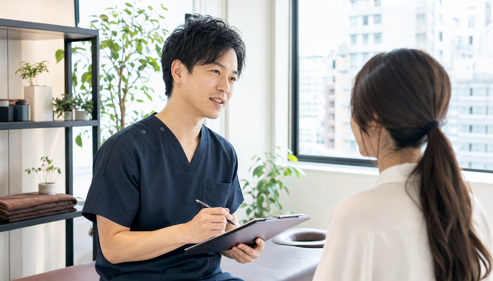 自費整体の求人について相談するスクラブ姿の施術者