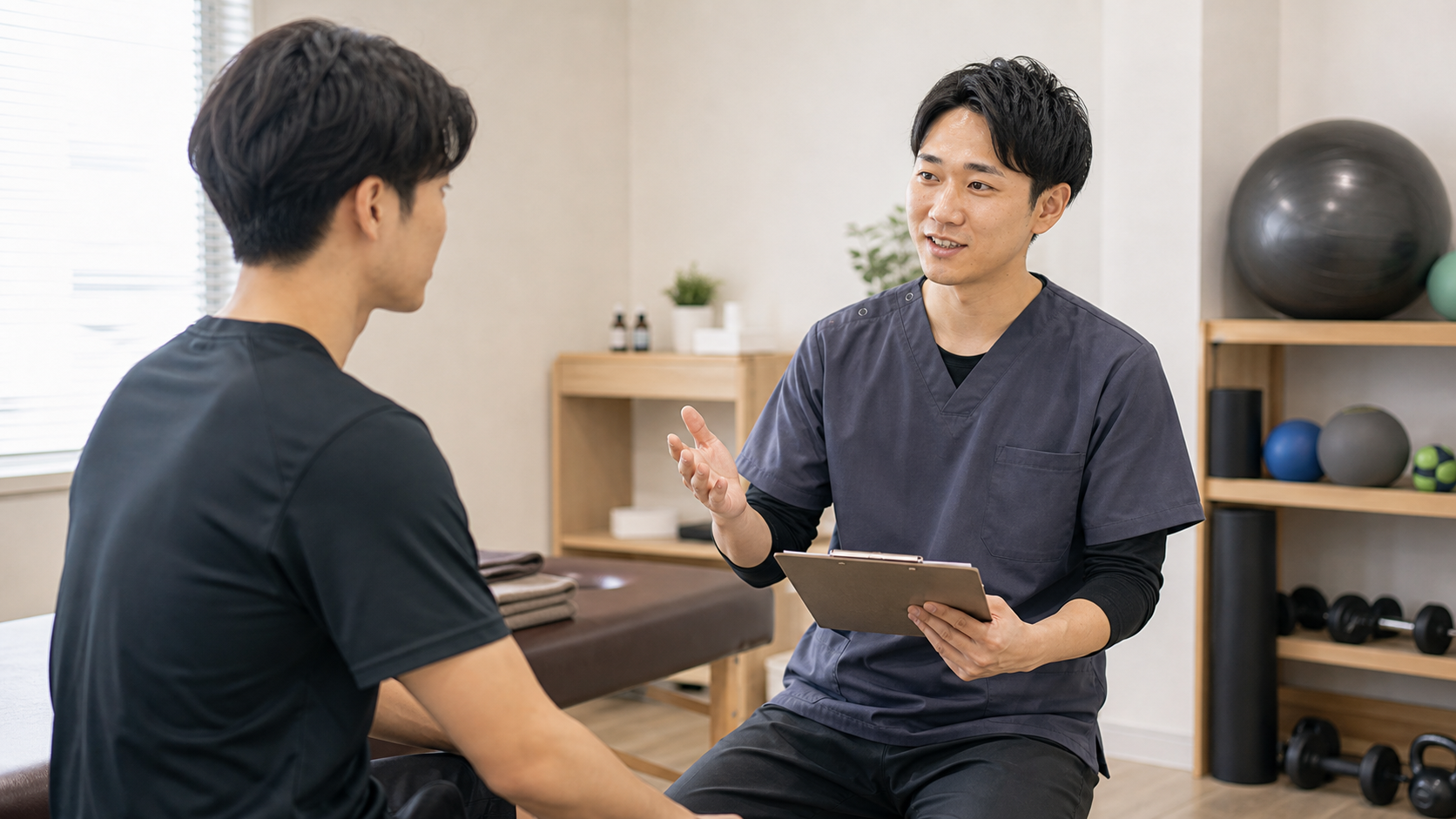スポーツ整体師が施術範囲を丁寧に説明する様子