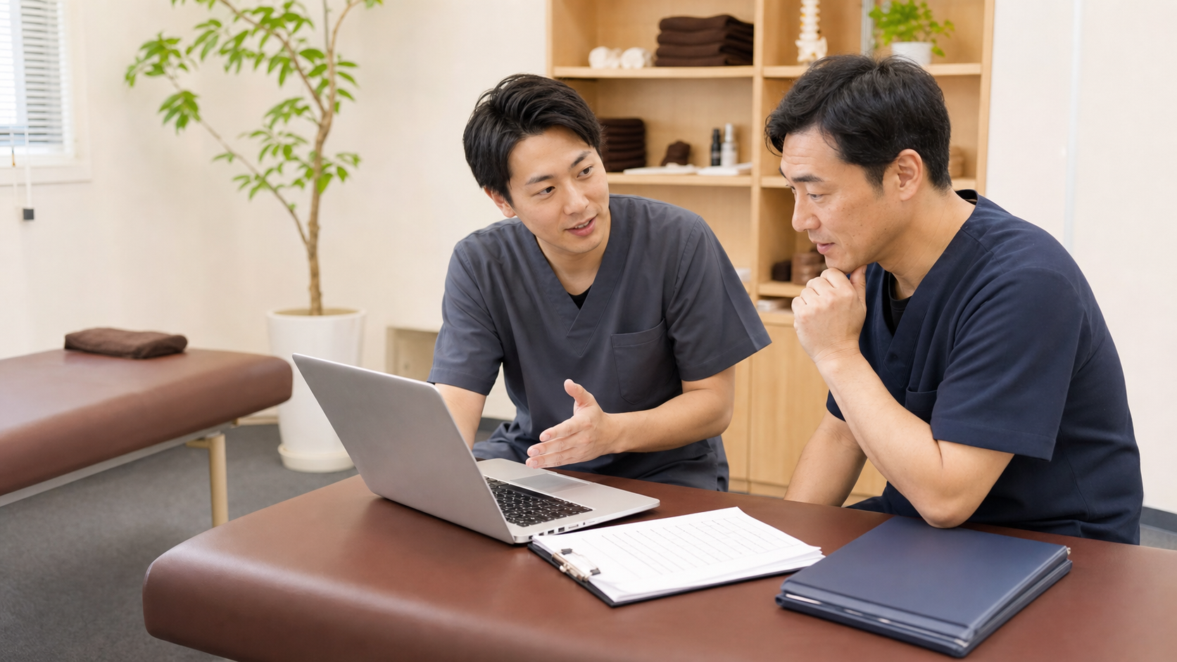 整体師が後悔しない職場条件を二人で確認する様子