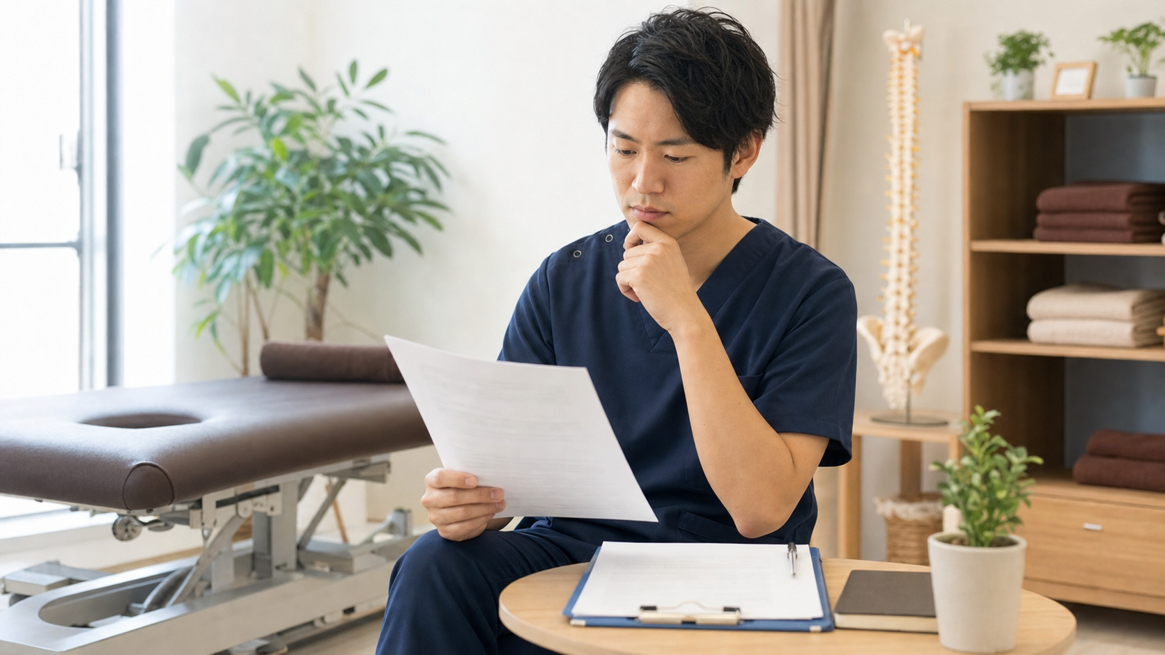 整体師が働き方と職場環境を見直すため資料を確認する様子