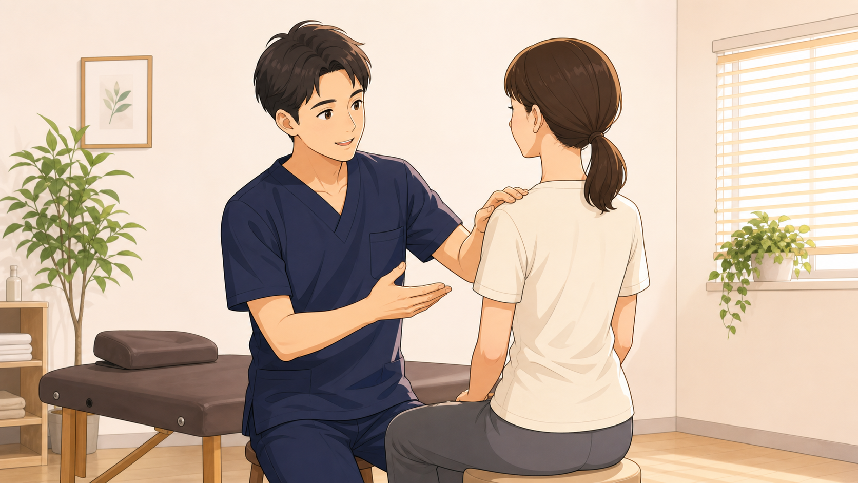 CUREPROで一人の利用者に丁寧に向き合う施術者のイラスト