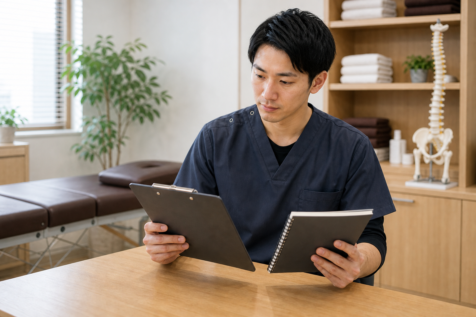 整体師が勉強の必要性を確認する様子
