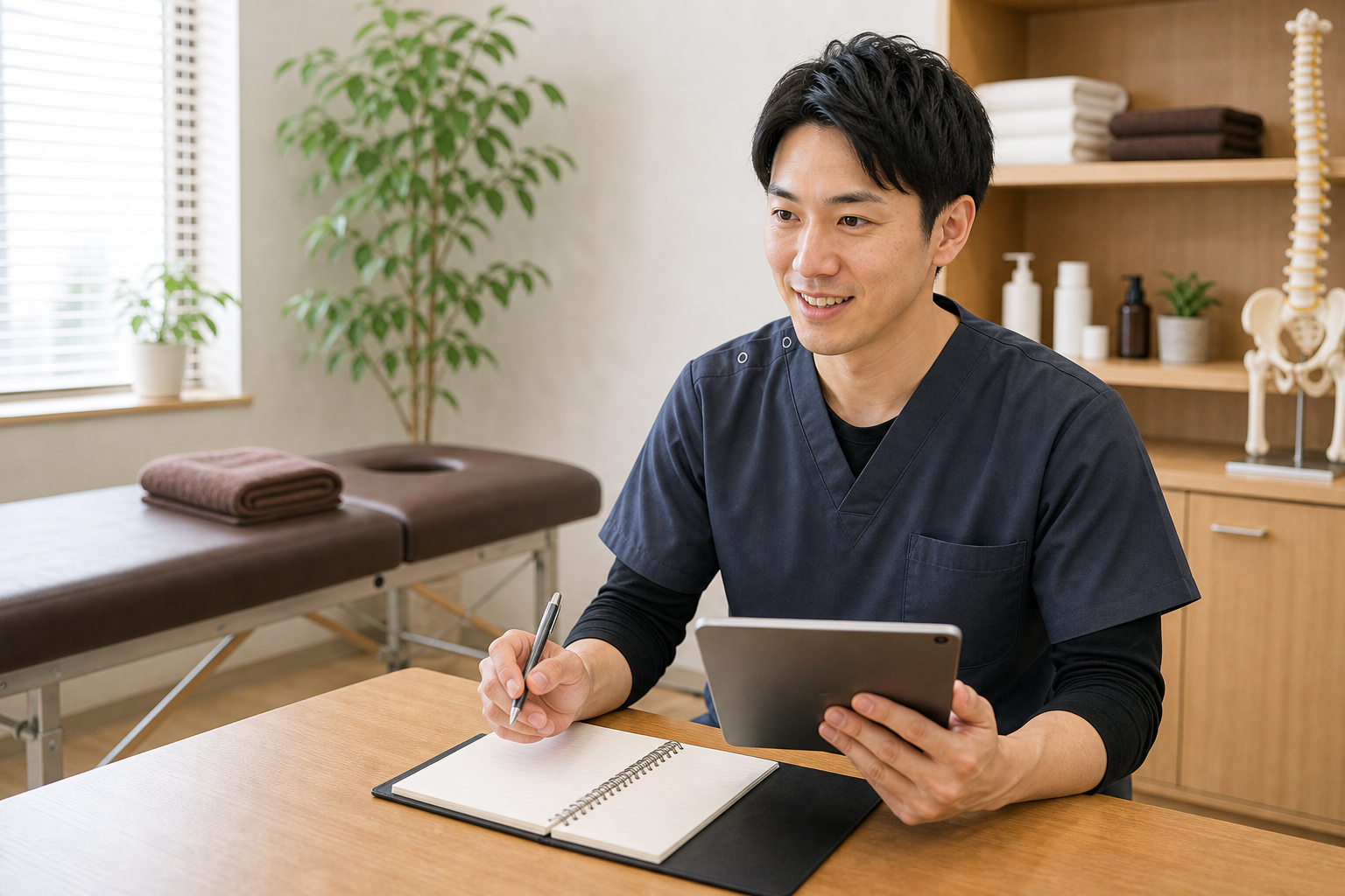 整体師が勉強を続けるコツを確認する様子