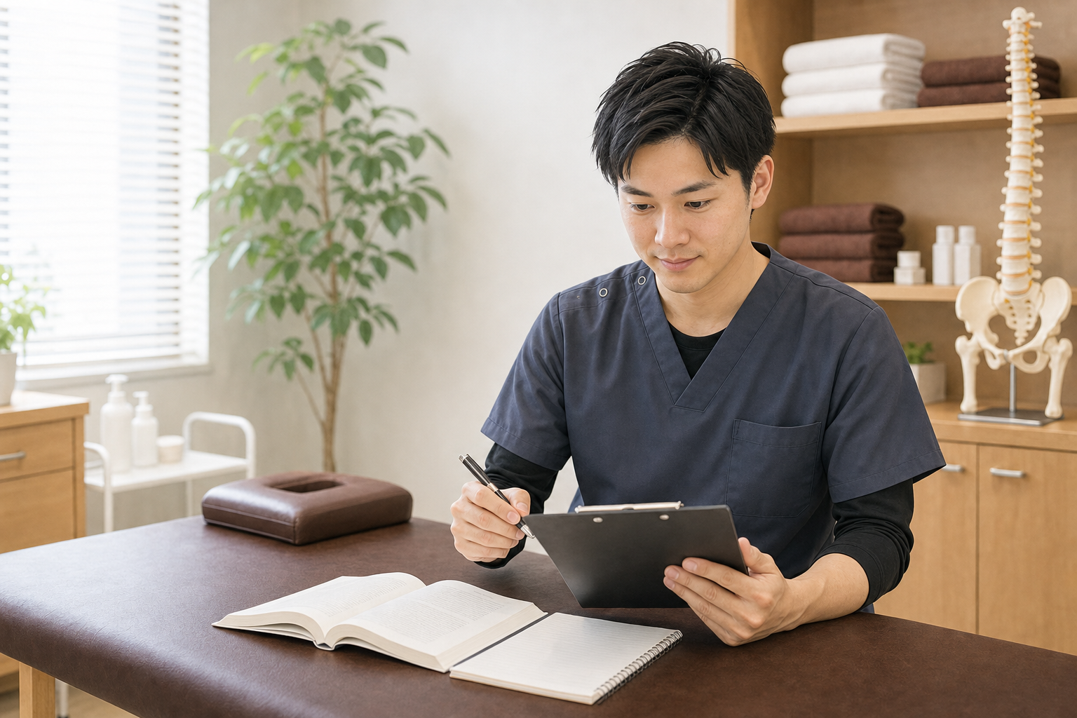 整体師の勉強法を確認する施術者の様子