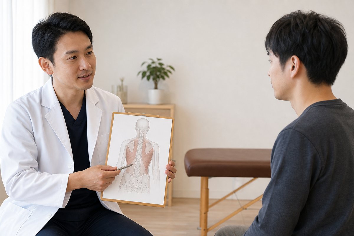 身体の状態と施術計画を説明する整体師