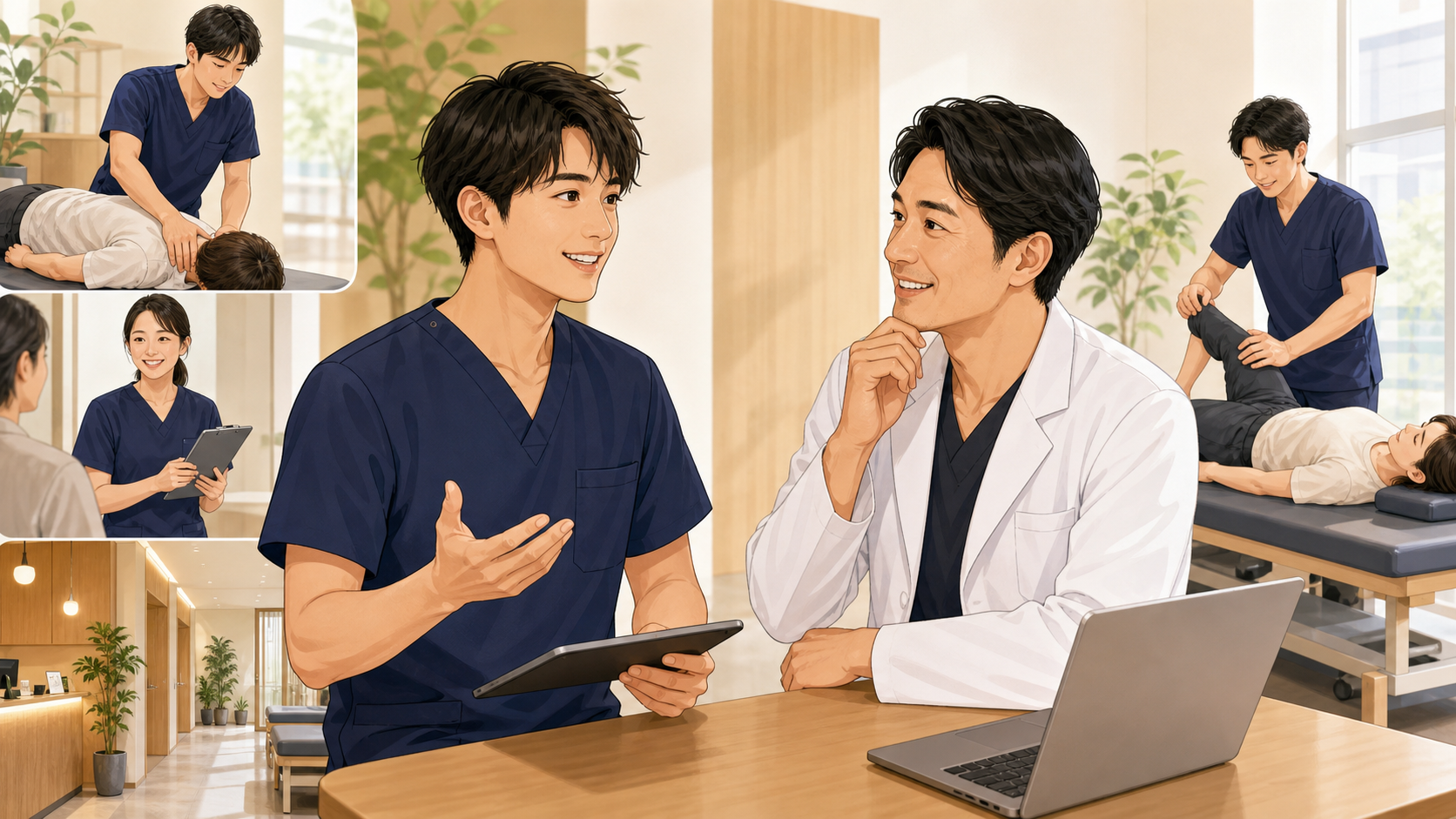 整体師の安定した収入と評価について話す施術者と管理者