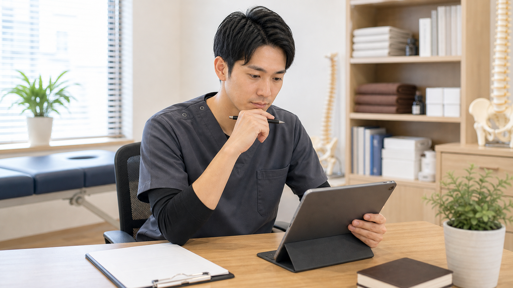 整体師がきつさを減らせる職場条件を確認する様子