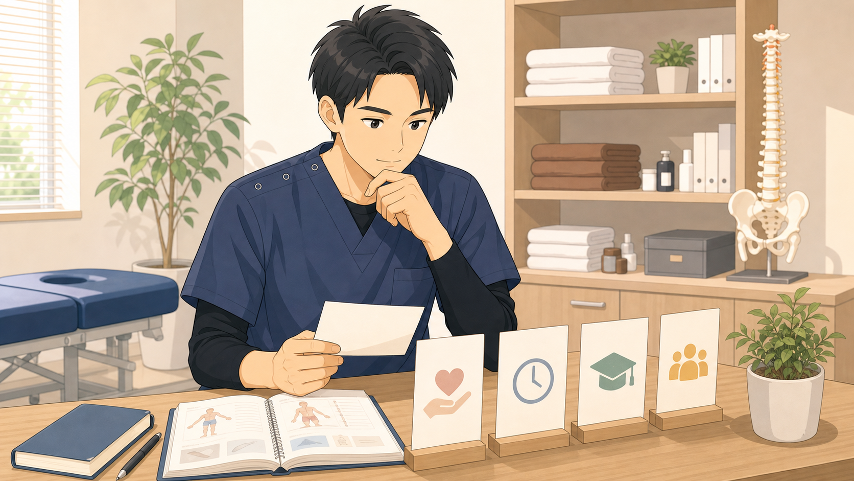 整体師が福利厚生や研修制度を確認するイラスト