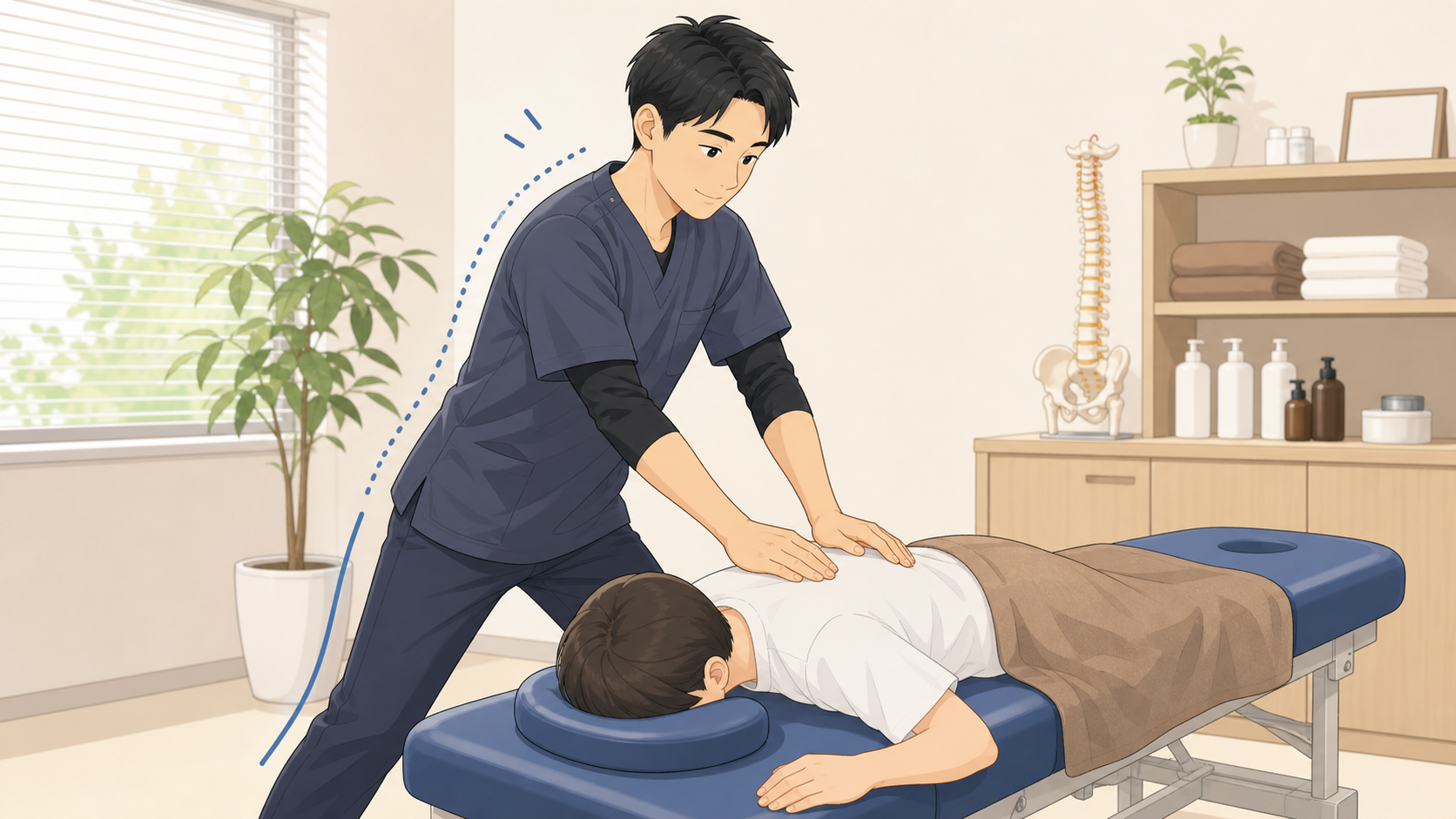 整体師の身体への負担を減らす姿勢を示すイラスト