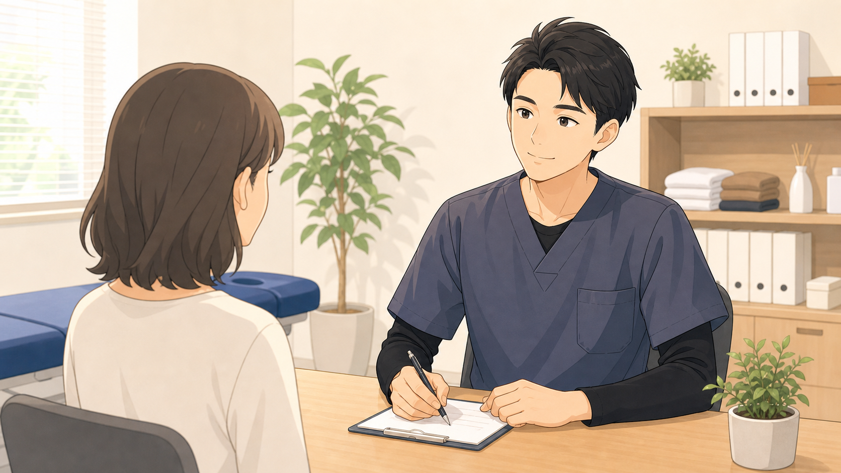 整体師が接客ストレスに落ち着いて対応するイラスト