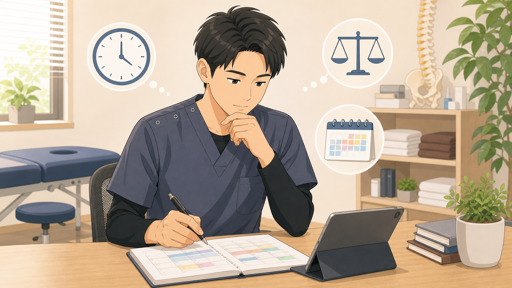 整体師の長い労働時間と勤務管理を示すイラスト