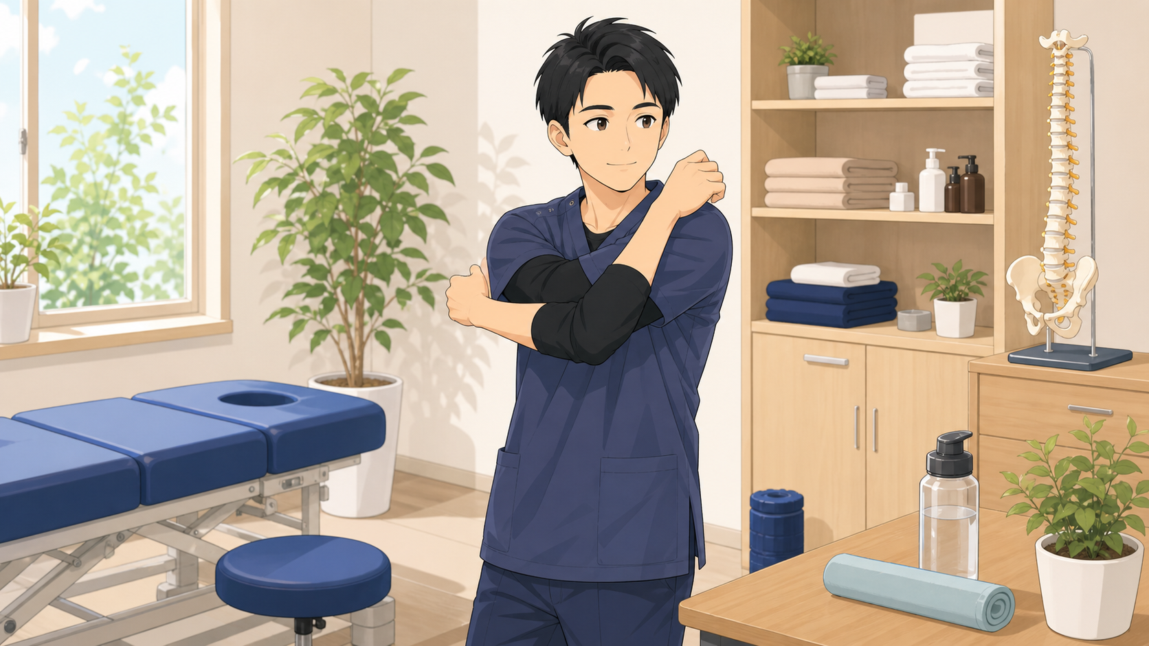 整体師が身体の負担を減らすセルフケアを行うイラスト