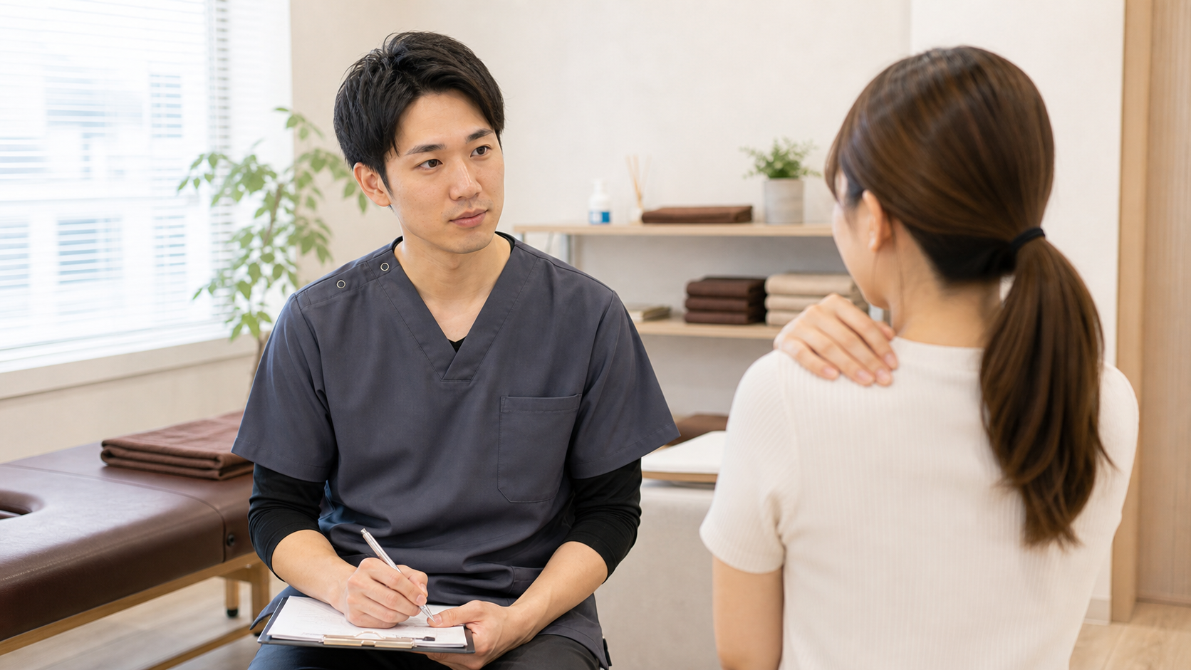 整体師がお客様の要望を丁寧に聞く様子