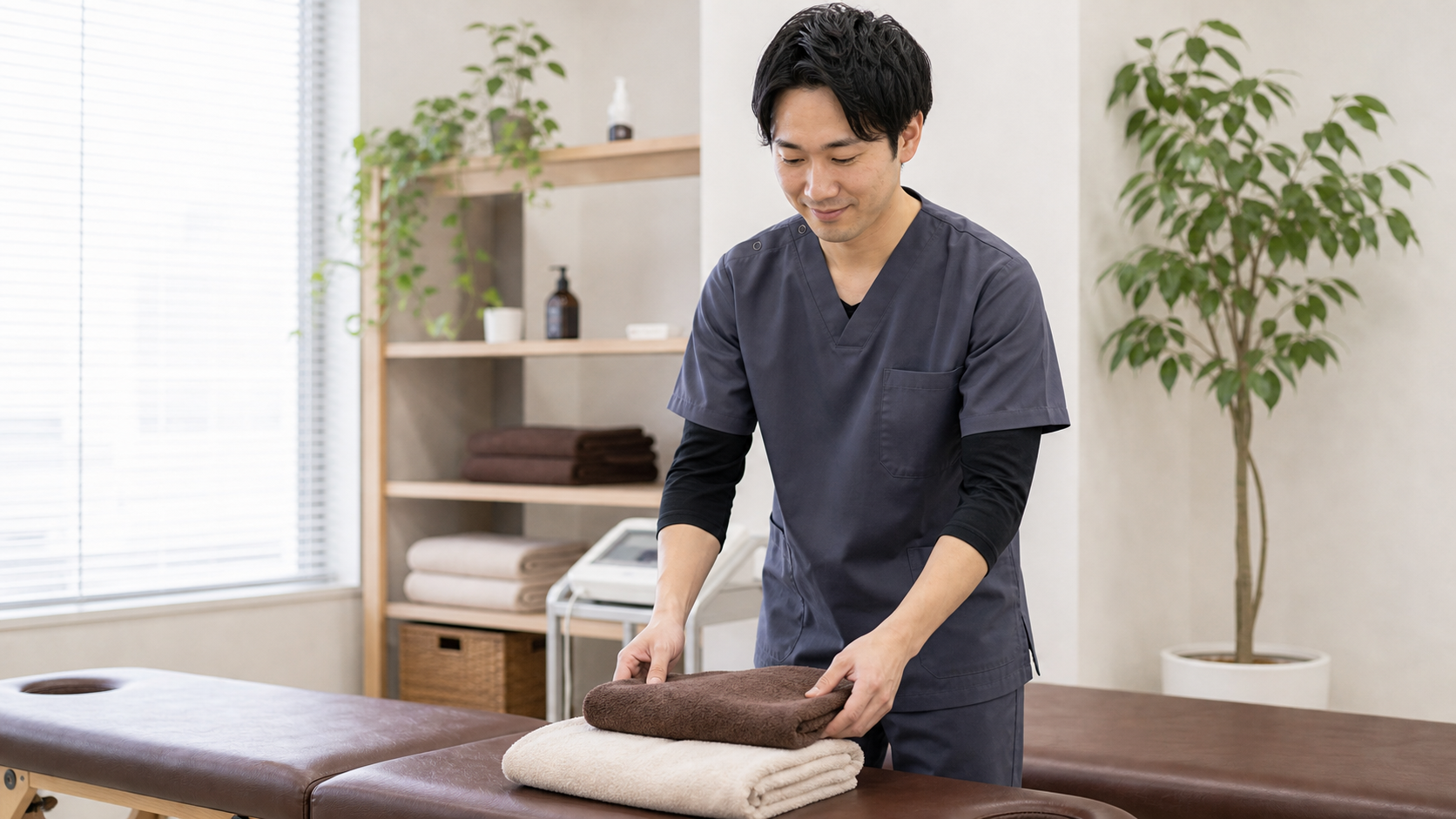 整体師が施術室を整えて前向きに働く様子